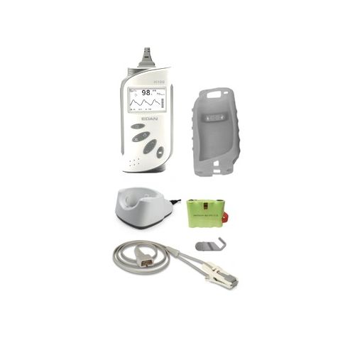 *EDAN Pulse Oximeter SPo2 Unit VEH100B - with Sensor Lead and 1x Small Clip & 1x Large Clip. Includes Charging Cradle, Mains power lead and FREE protective boot.